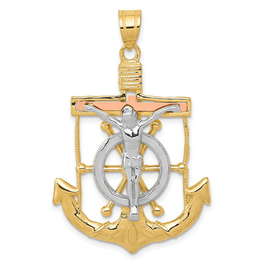 14k Tri-Color Gold Diamond-cut w/Textured Mariner's Cross Pendant