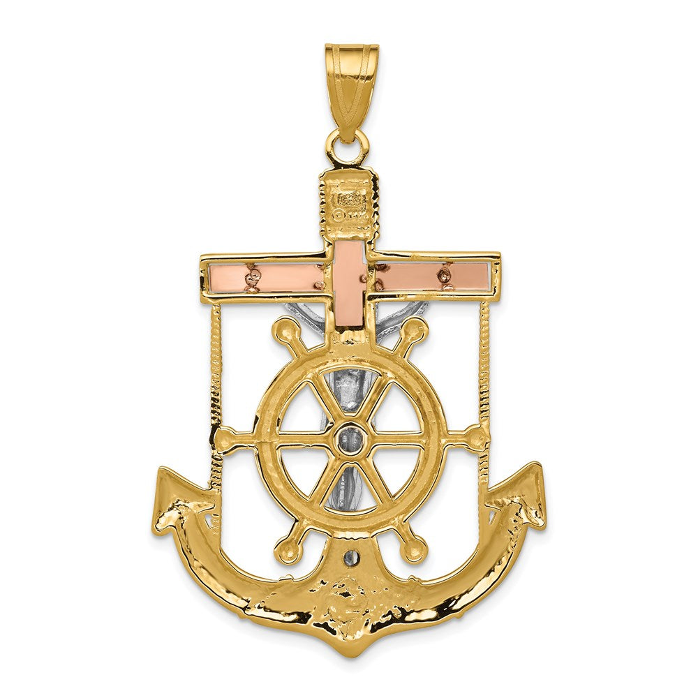 14k Tri-Color Gold Diamond-cut w/Textured Mariner's Cross Pendant