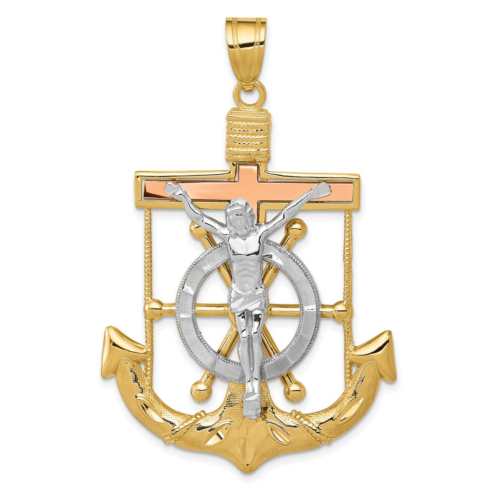 14k Tri-Color Gold Diamond-cut w/Textured Mariner's Cross Pendant