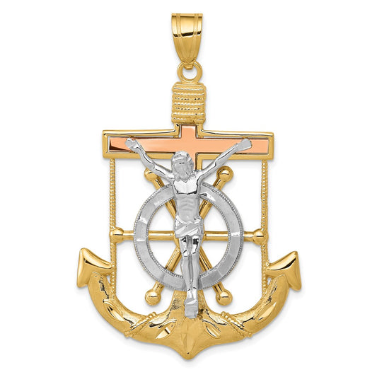 14k Tri-Color Gold Diamond-cut w/Textured Mariner's Cross Pendant