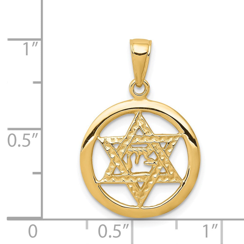 14k Yellow Gold Jewish Chai In Star Of David Pendant