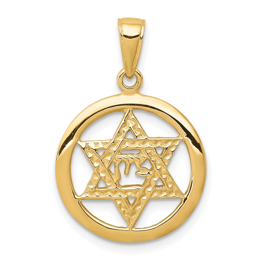 14k Yellow Gold Jewish Chai In Star Of David Pendant