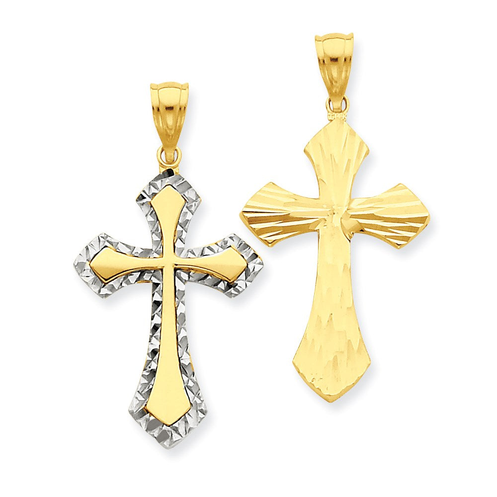 14k Yellow & Rhodium Gold w/Rhodium Diamond-cut Reversible Cross Pendant