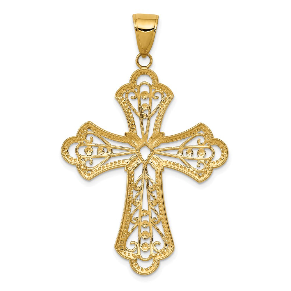 14k Yellow & Rhodium Gold w/Rhodium Diamond-cut Filigree Cut-out Cross Pendant