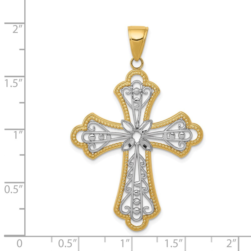 14k Yellow & Rhodium Gold w/Rhodium Diamond-cut Filigree Cut-out Cross Pendant