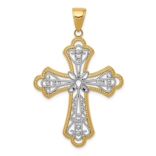 14k Yellow & Rhodium Gold w/Rhodium Diamond-cut Filigree Cut-out Cross Pendant