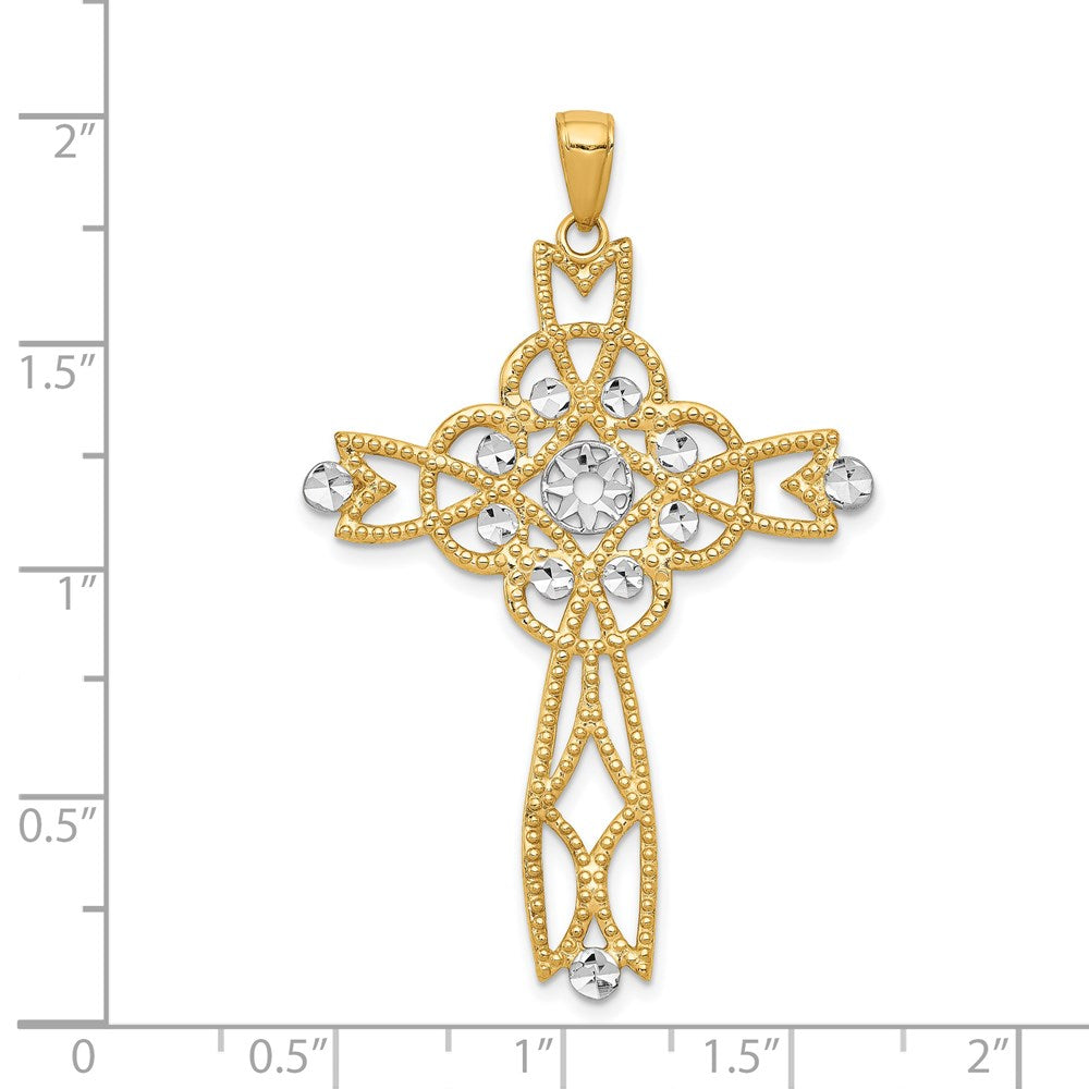 14k Yellow & Rhodium Gold w/Rhodium Diamond-cut Beaded Trim Infinity Cross Pendant