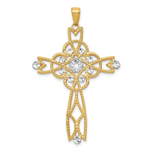 14k Yellow & Rhodium Gold w/Rhodium Diamond-cut Beaded Trim Infinity Cross Pendant