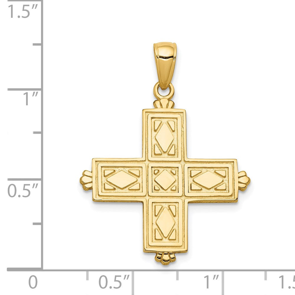 14k Yellow Gold Etched Square Cross w/Crown Tips Pendant