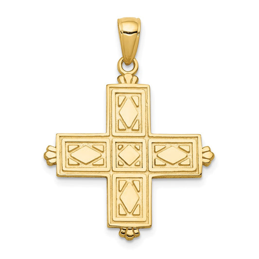 14k Yellow Gold Etched Square Cross w/Crown Tips Pendant