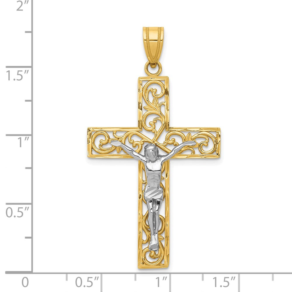 14k Two-tone Gold Two-tone Gold D/C Large Block Filigree Crucifix Pendant