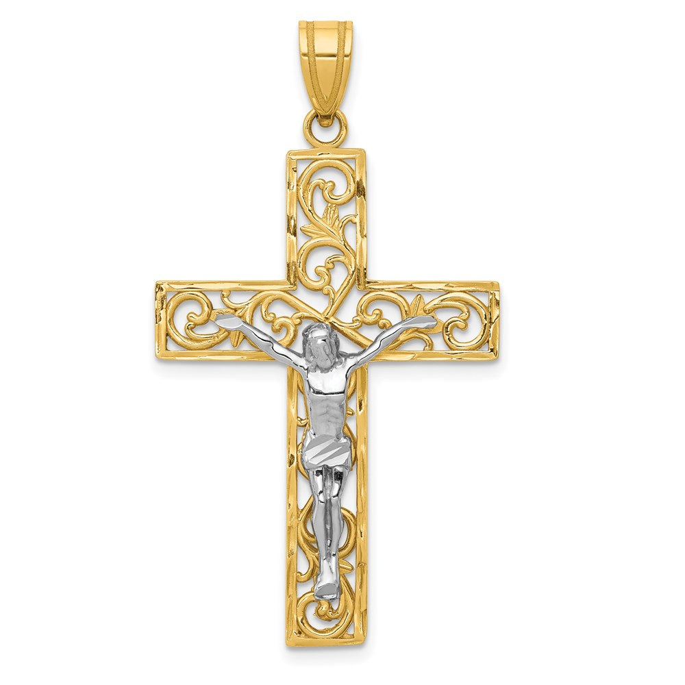 14k Two-tone Gold Two-tone Gold D/C Large Block Filigree Crucifix Pendant