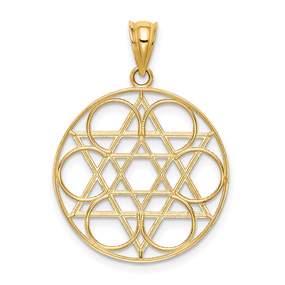 14k Yellow Gold Star of David Circle Pendant