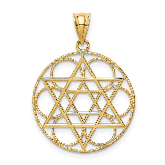 14k Yellow Gold Star of David Circle Pendant