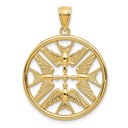 14k Yellow Gold Polished Doves in Circle Pendant