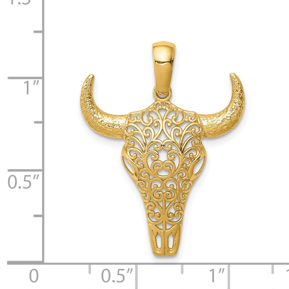 14k Yellow Gold Filigree Steer Skull Pendant