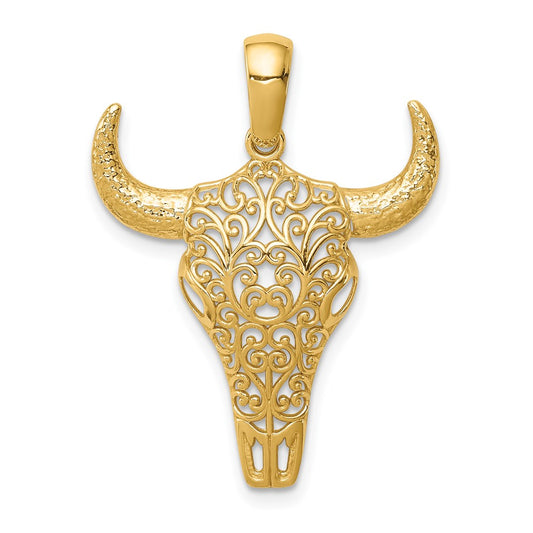 14k Yellow Gold Filigree Steer Skull Pendant