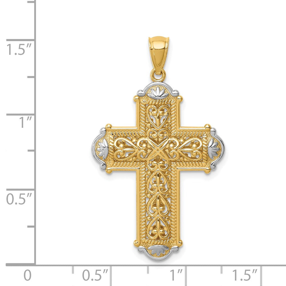 14k Yellow & Rhodium Gold White Rhodium D/C Reversible Cross Pendant