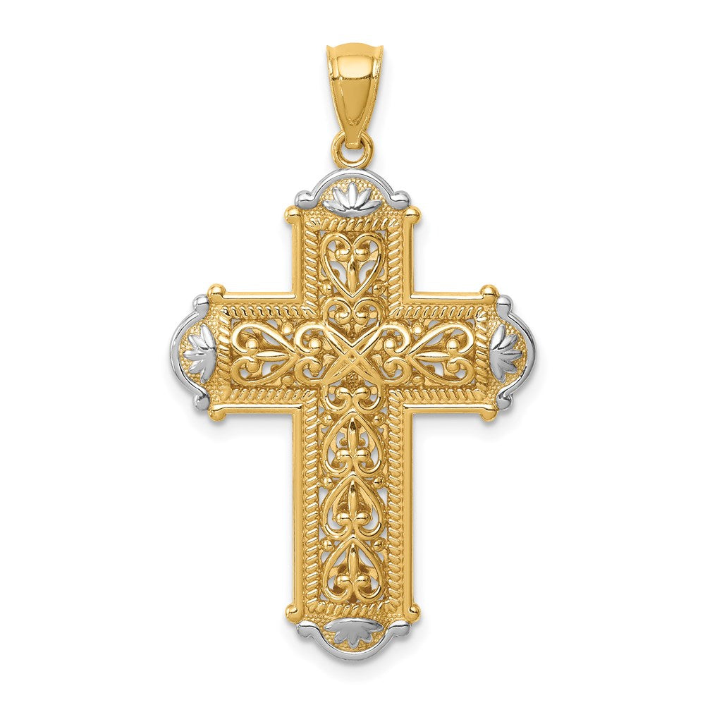 14k Yellow & Rhodium Gold White Rhodium D/C Reversible Cross Pendant