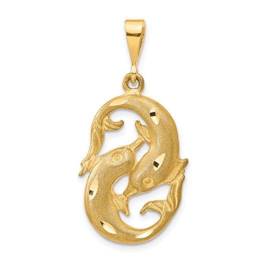 14k Yellow Gold Satin Diamond-cut Pisces Zodiac Charm