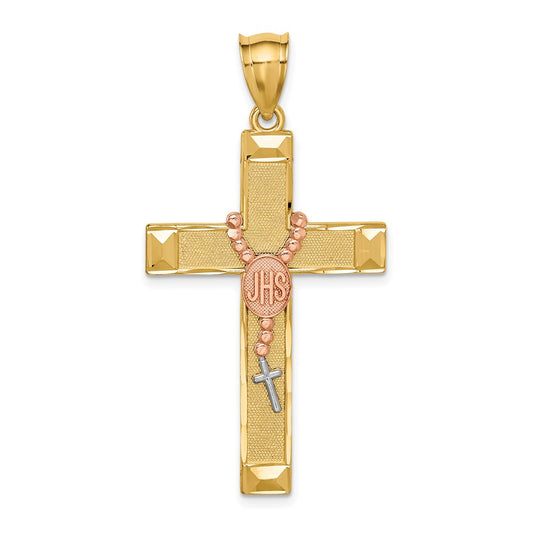 14k Two-tone Gold White Rhodium Cross w/Rosary Pendant