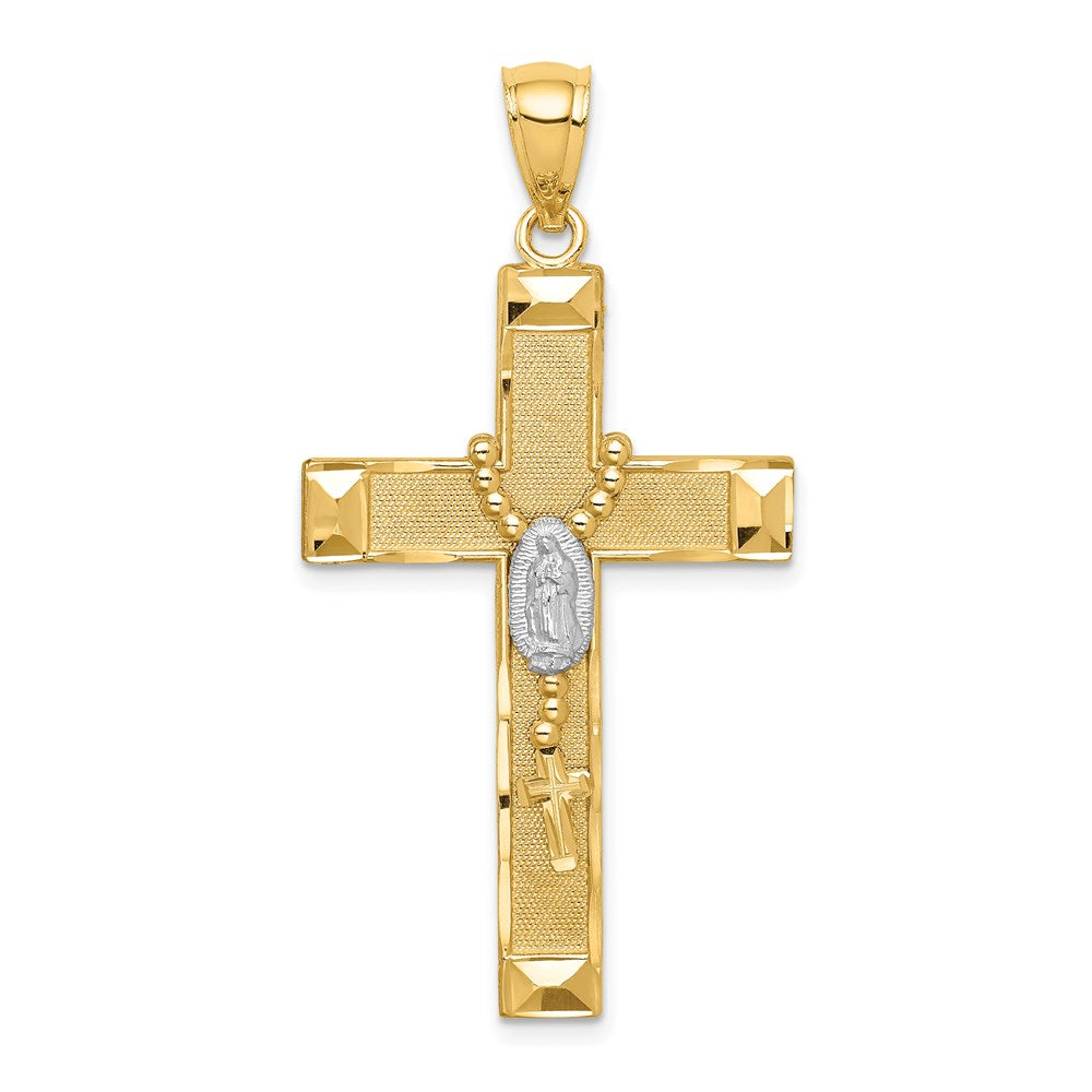 14k Yellow & Rhodium Gold w/Rhodium Cross w/Rosary Pendant