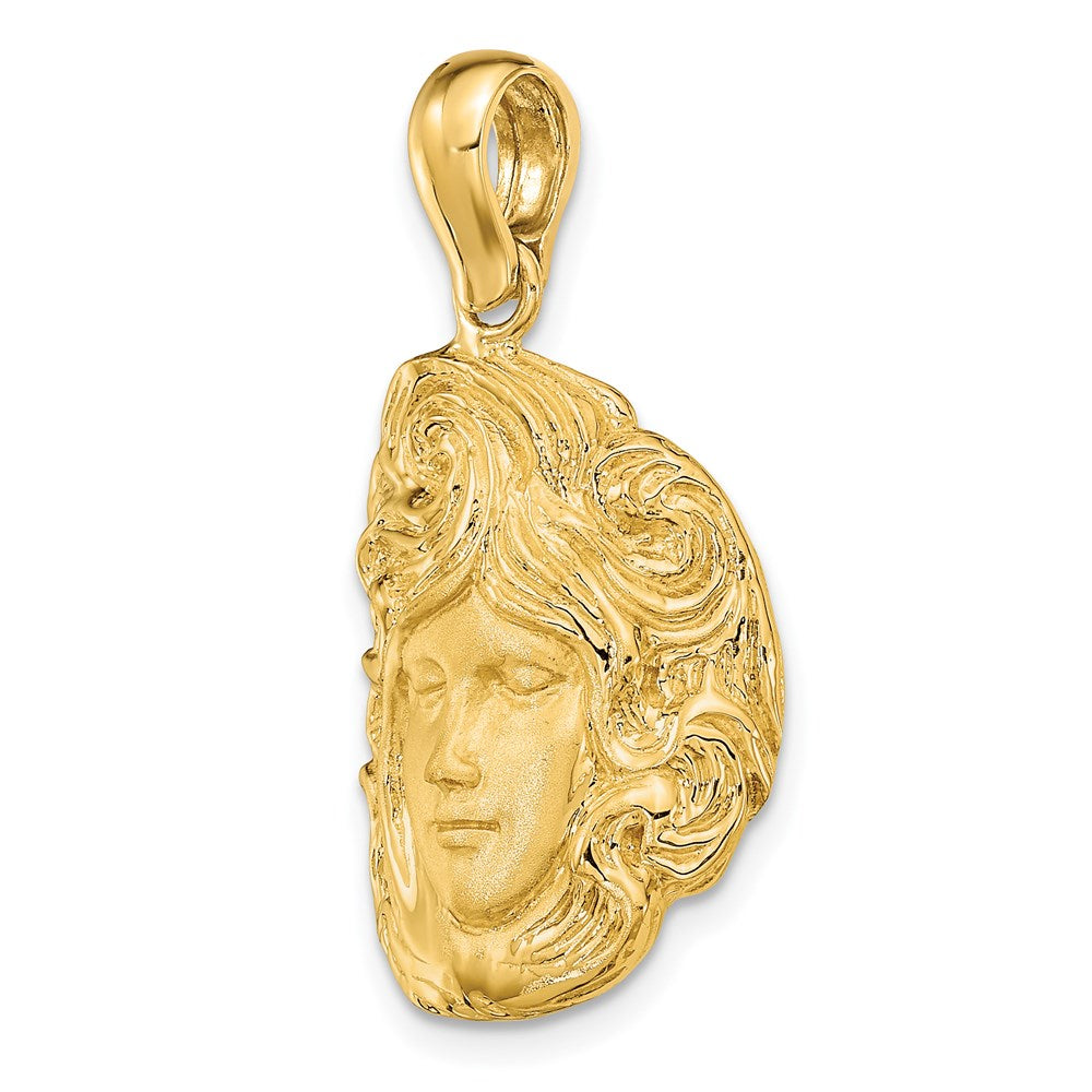 14k Yellow Gold Satin and Polished Swirling Hair Woman Face Charm