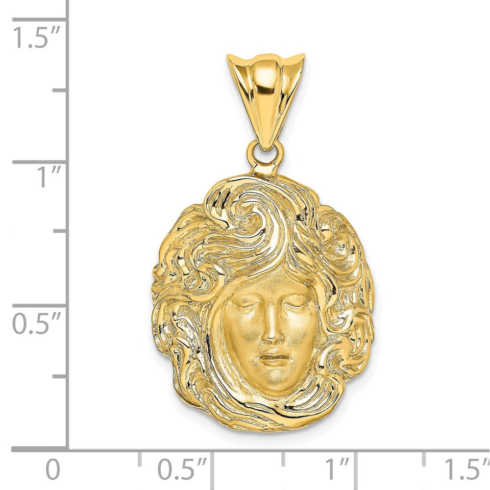 14k Yellow Gold Satin and Polished Swirling Hair Woman Face Charm