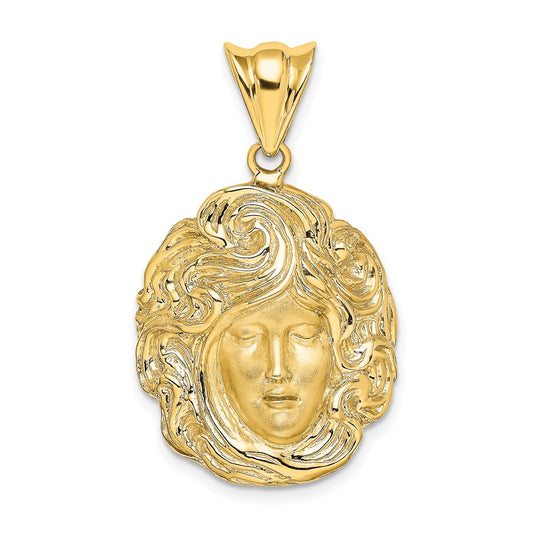 14k Yellow Gold Satin and Polished Swirling Hair Woman Face Charm