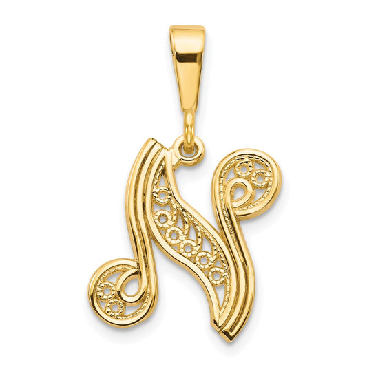 14k Yellow GoldY Polished Script Filigree Letter N Initial Pendant