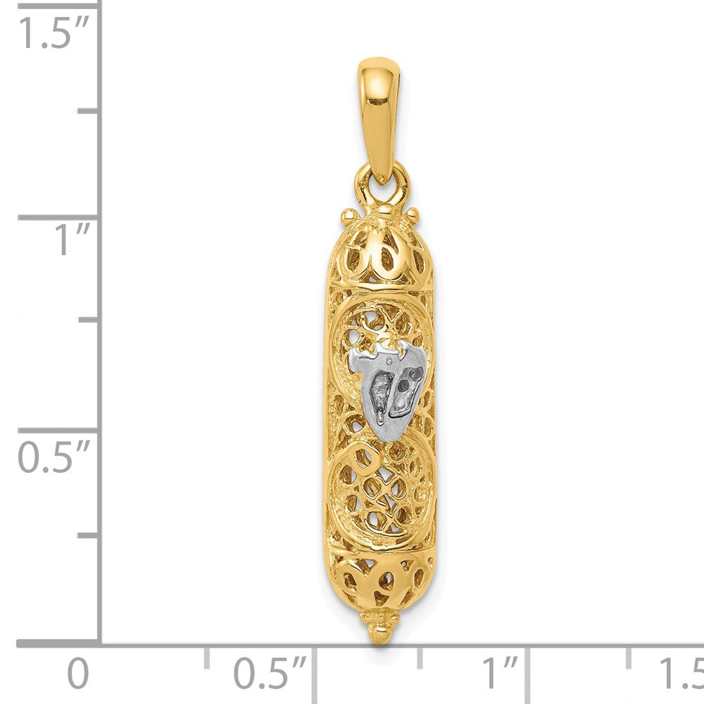 14k Yellow & Rhodium Gold w/ White Rhodium 3D Mezuzah W/Shin Charm