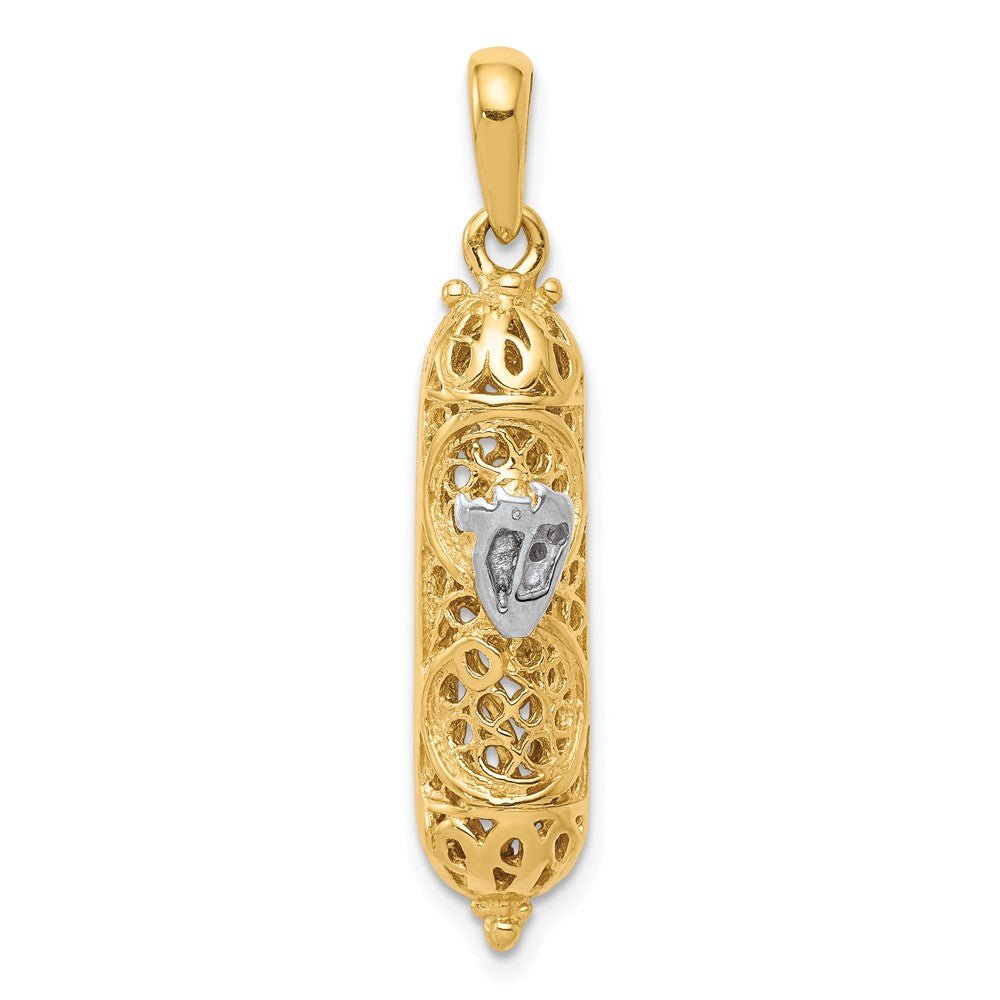 14k Yellow & Rhodium Gold w/ White Rhodium 3D Mezuzah W/Shin Charm