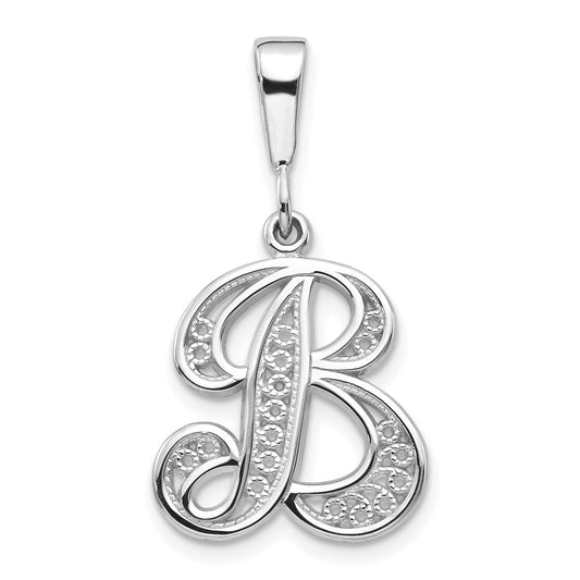 14k White GoldW White Gold Solid Polished Script Filigree Letter B Initial Pendant