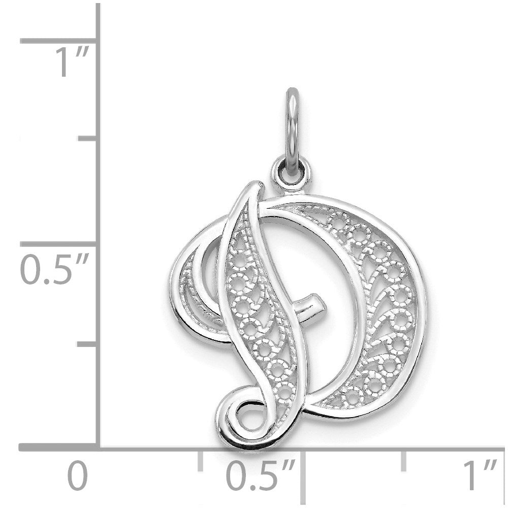 14k White GoldW White Gold Solid Polished Script Filigree Letter D Initial Pendant