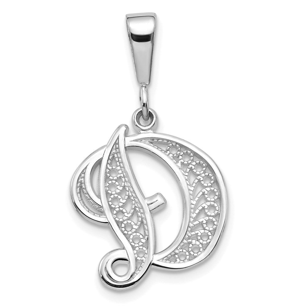 14k White GoldW White Gold Solid Polished Script Filigree Letter D Initial Pendant