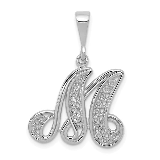 14k White GoldW White Gold Solid Polished Script Filigree Letter M Initial Pendant