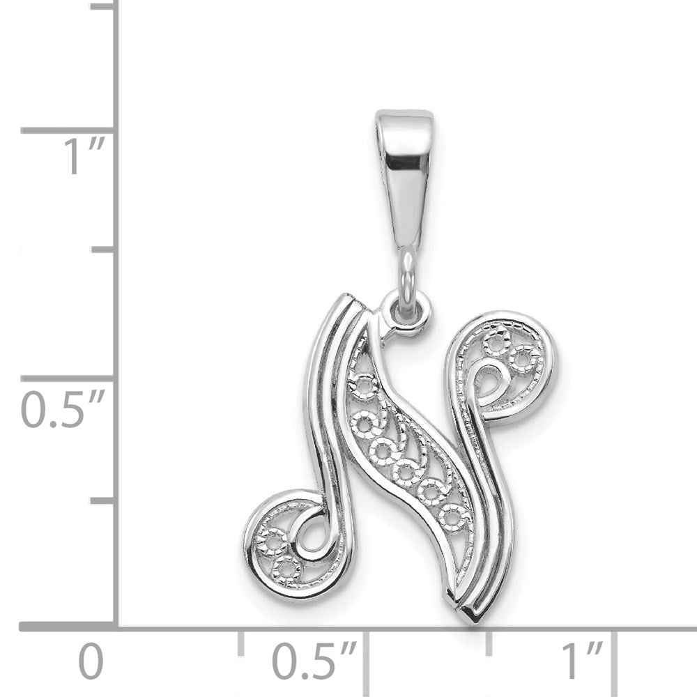 14k White GoldW White Gold Solid Polished Script Filigree Letter N Initial Pendant