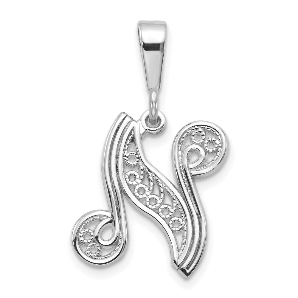 14k White GoldW White Gold Solid Polished Script Filigree Letter N Initial Pendant