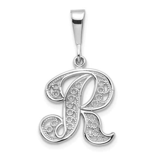 14k White GoldW White Gold Solid Polished Script Filigree Letter R Initial Pendant