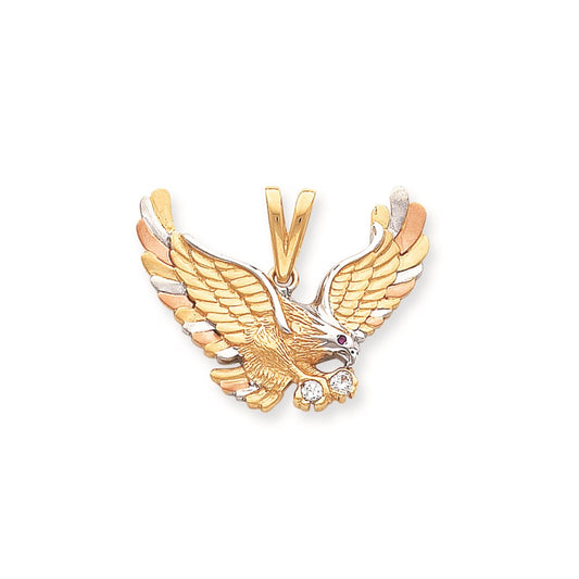 14k Tri-Color Gold & Rhodium Solid Satin Eagle with CZ & Synthetic Stones Pendant