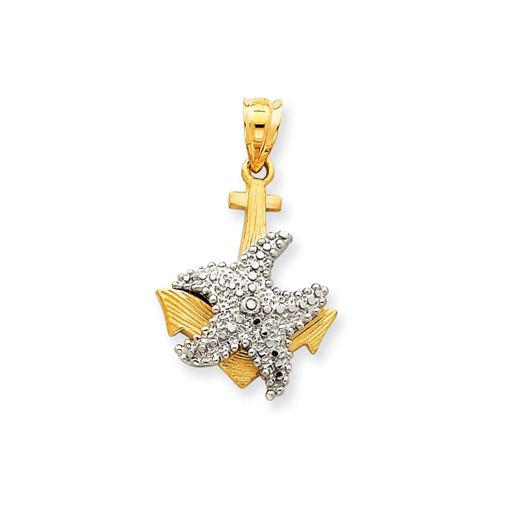 14k Two-tone Gold Two-tone Gold Solid Polished Diamond-cut Anchor with Starfish Pendant