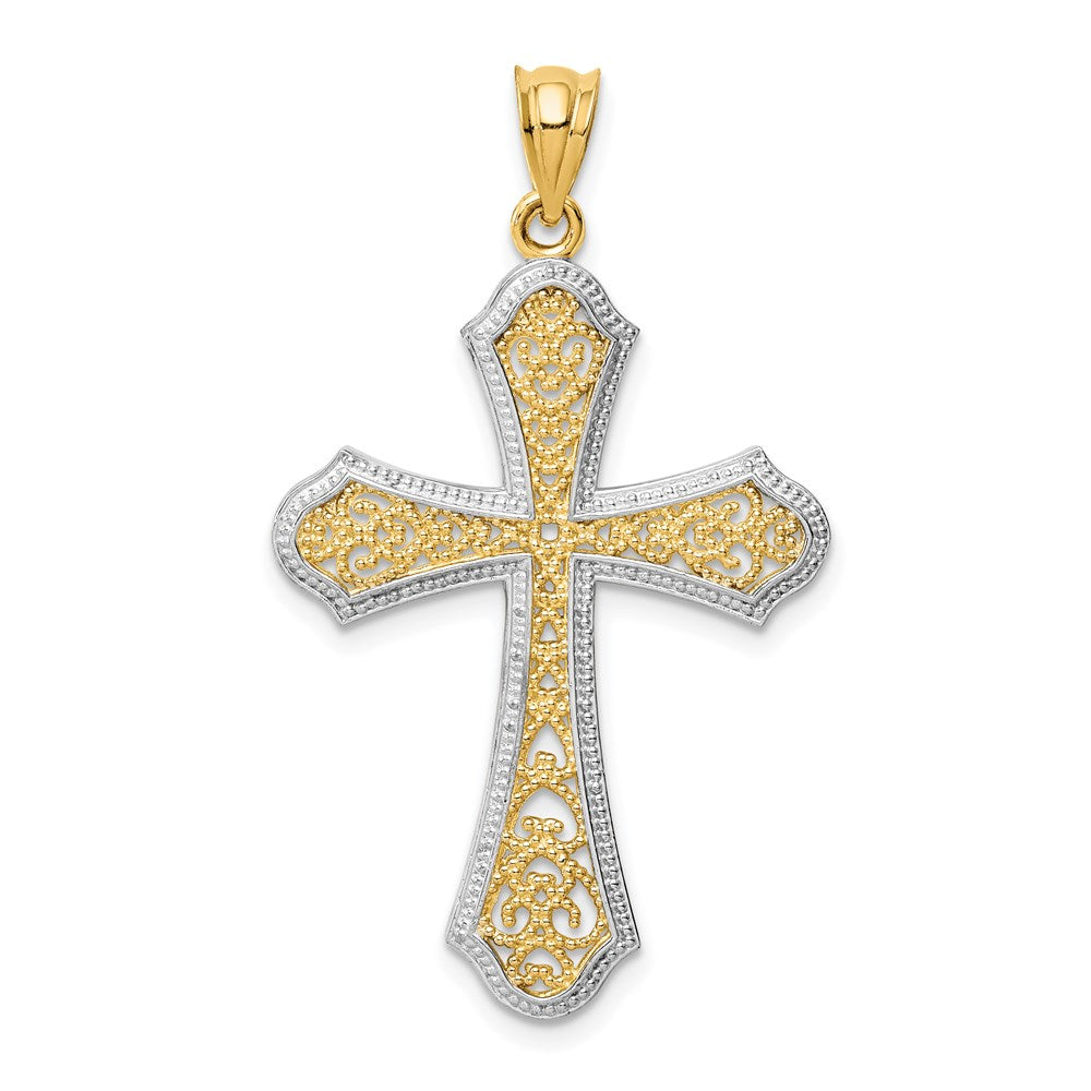 14k Yellow & Rhodium Gold w/Rhodium Filigree Cross Pendant