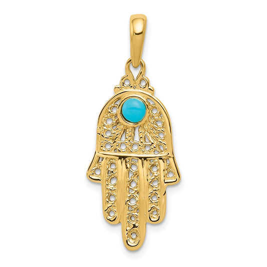 14k Yellow Gold Turquoise Filigree Chamseh Pendant