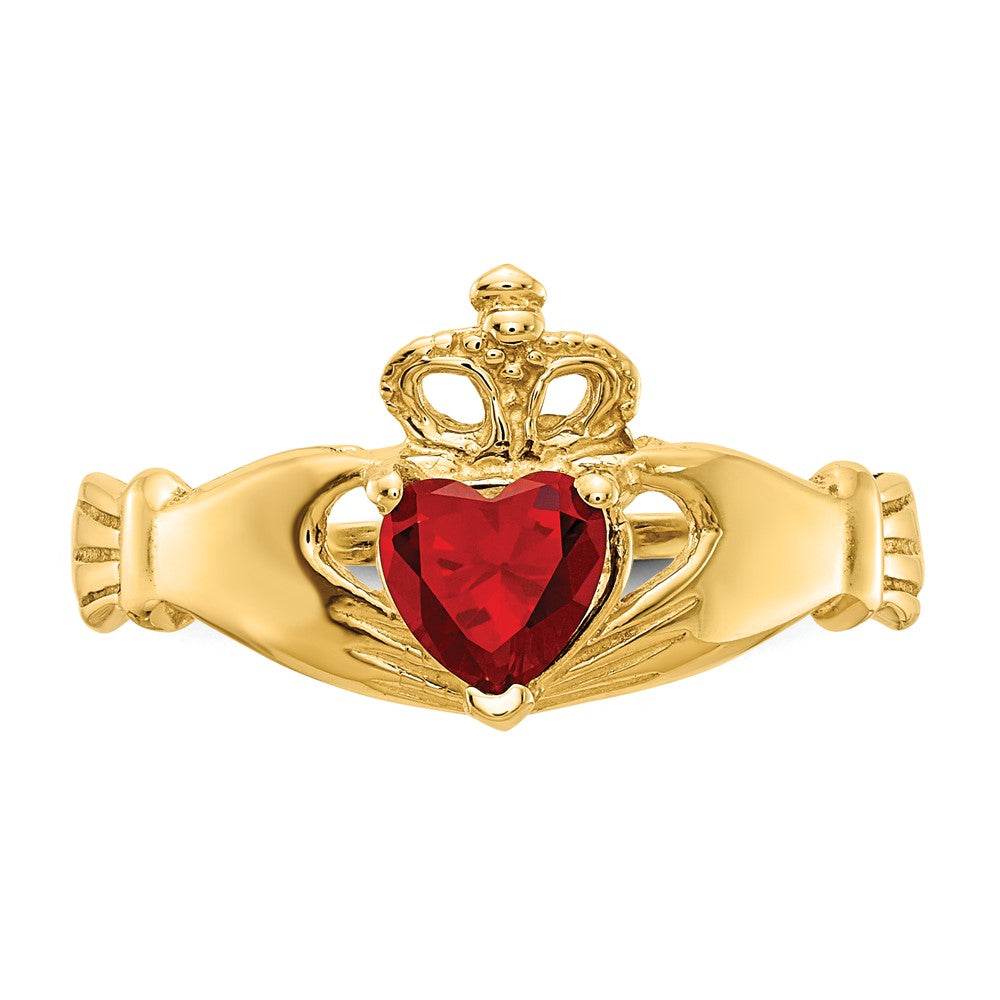 14K Yellow Gold CZ January Birthstone Claddagh Heart Ring