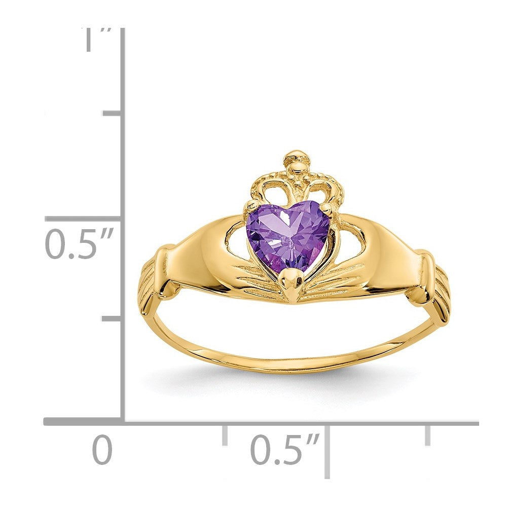 14K Yellow Gold CZ February Birthstone Claddagh Heart Ring