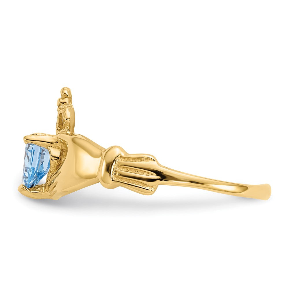 14K Yellow Gold CZ March Birthstone Claddagh Heart Ring