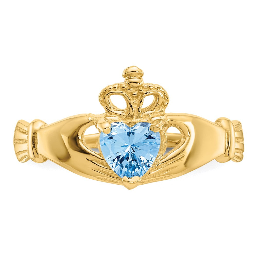 14K Yellow Gold CZ March Birthstone Claddagh Heart Ring