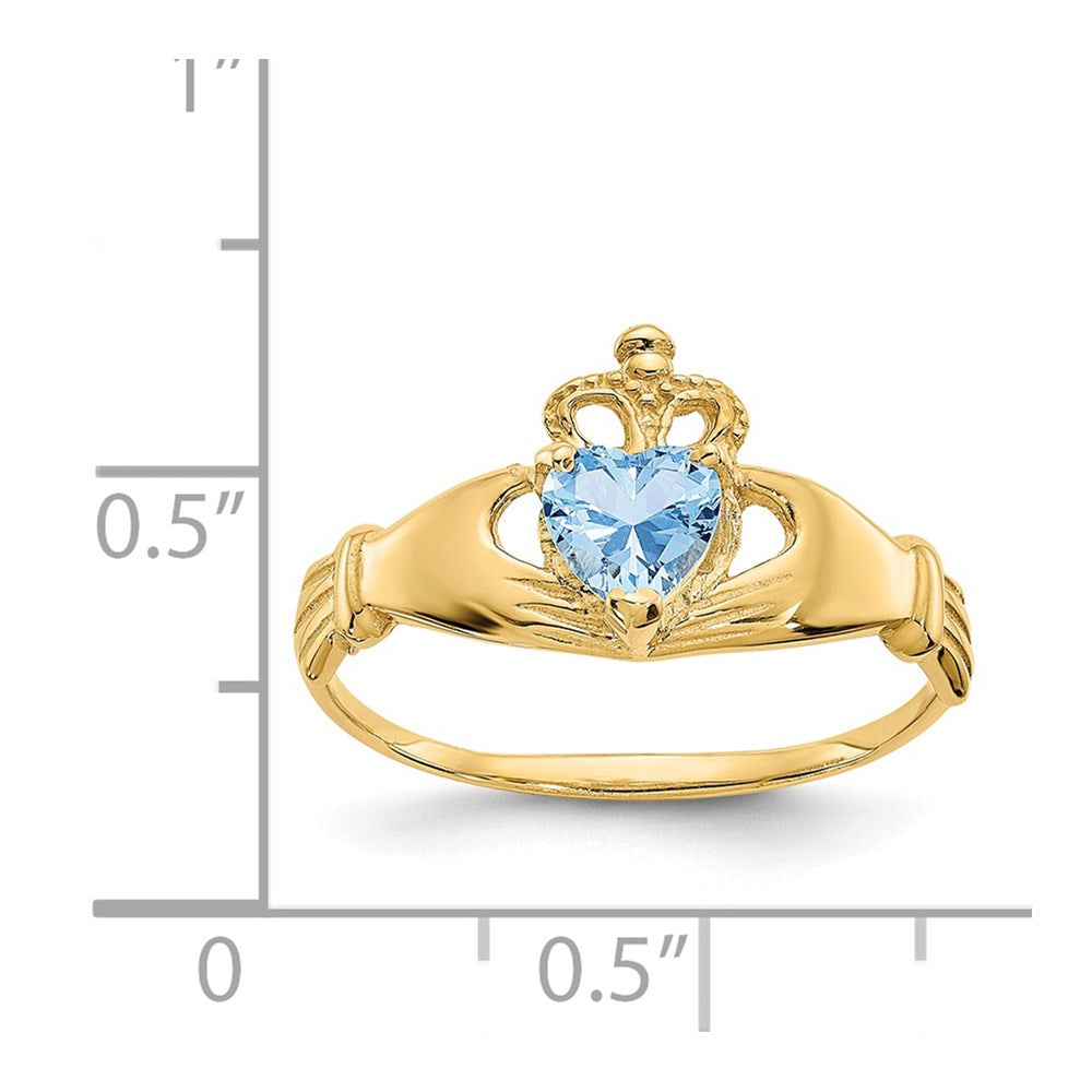 14K Yellow Gold CZ March Birthstone Claddagh Heart Ring