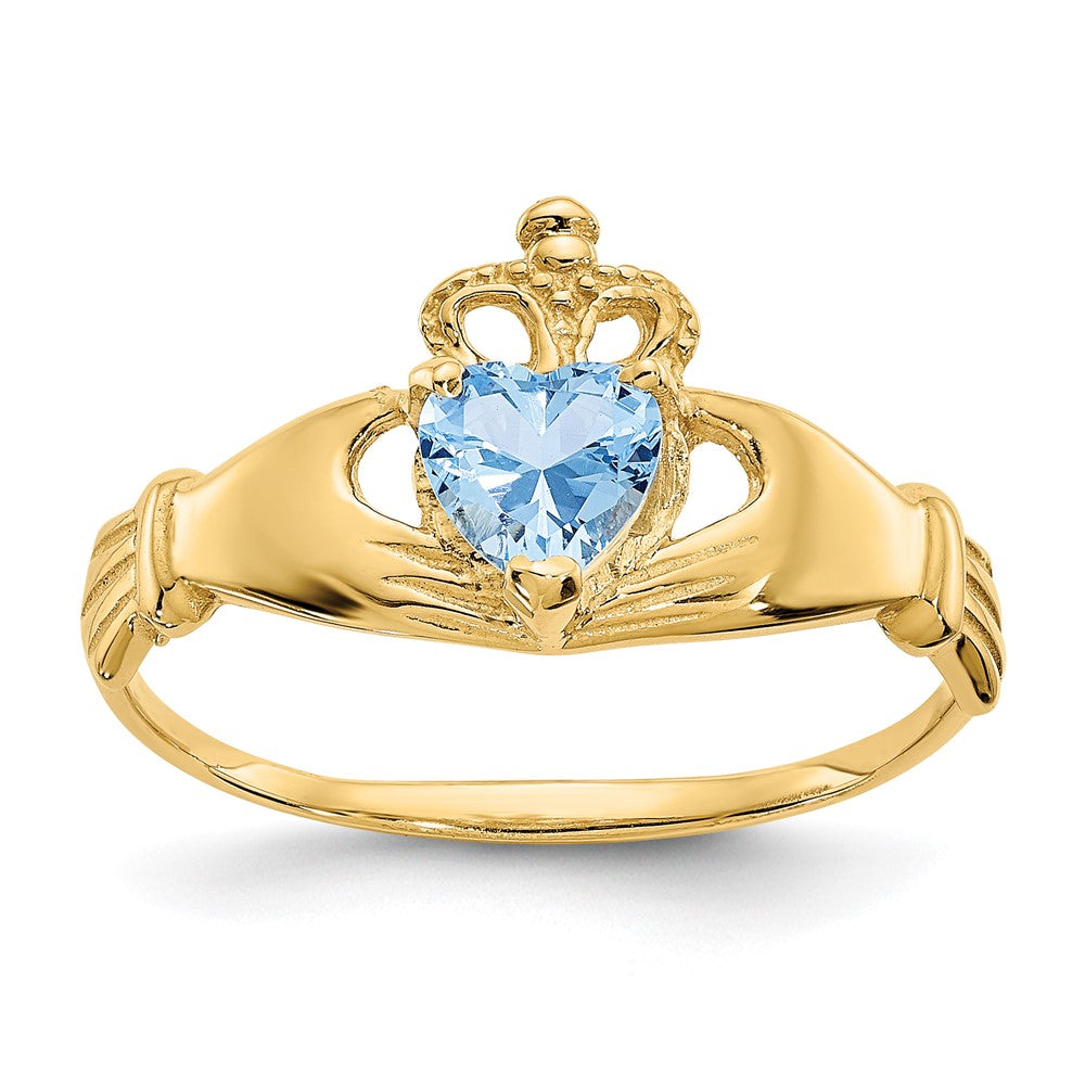 14K Yellow Gold CZ March Birthstone Claddagh Heart Ring