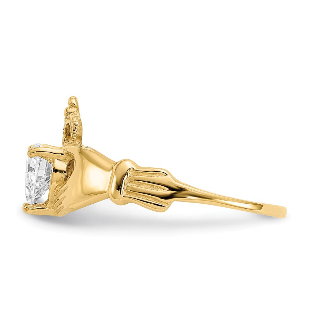 14K Yellow Gold CZ April Birthstone Claddagh Heart Ring